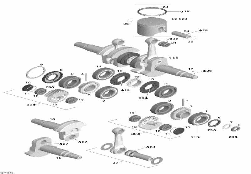 snowmobile Ski-doo Mach Z 1000 SDI, 2005 - Crankshaft And Pistons